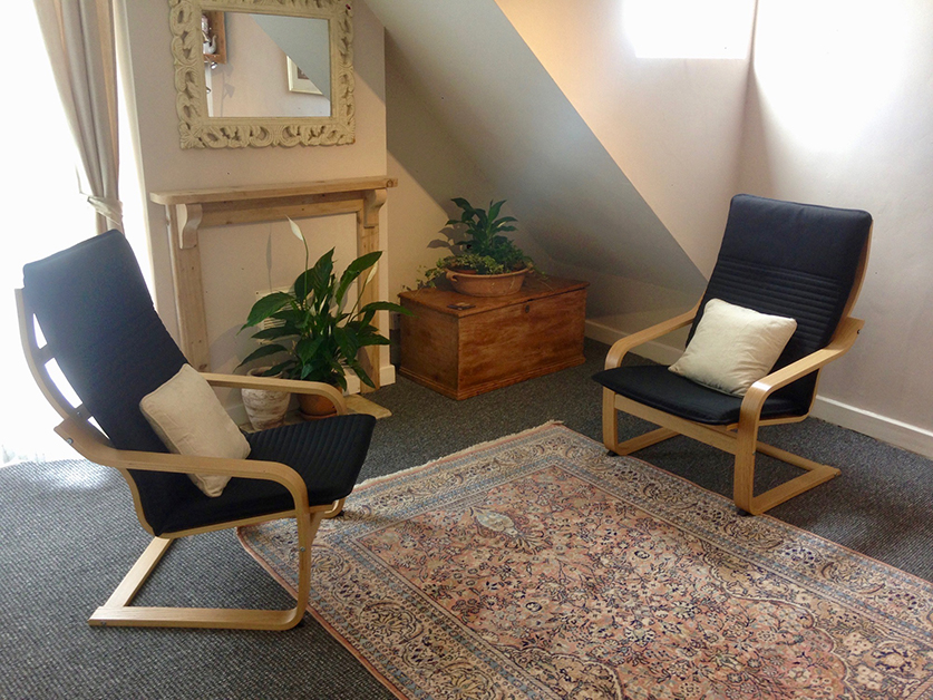 Therapy rooms with a slanted ceiling, chairs and plants at The Practice Rooms in Southville, Bristol